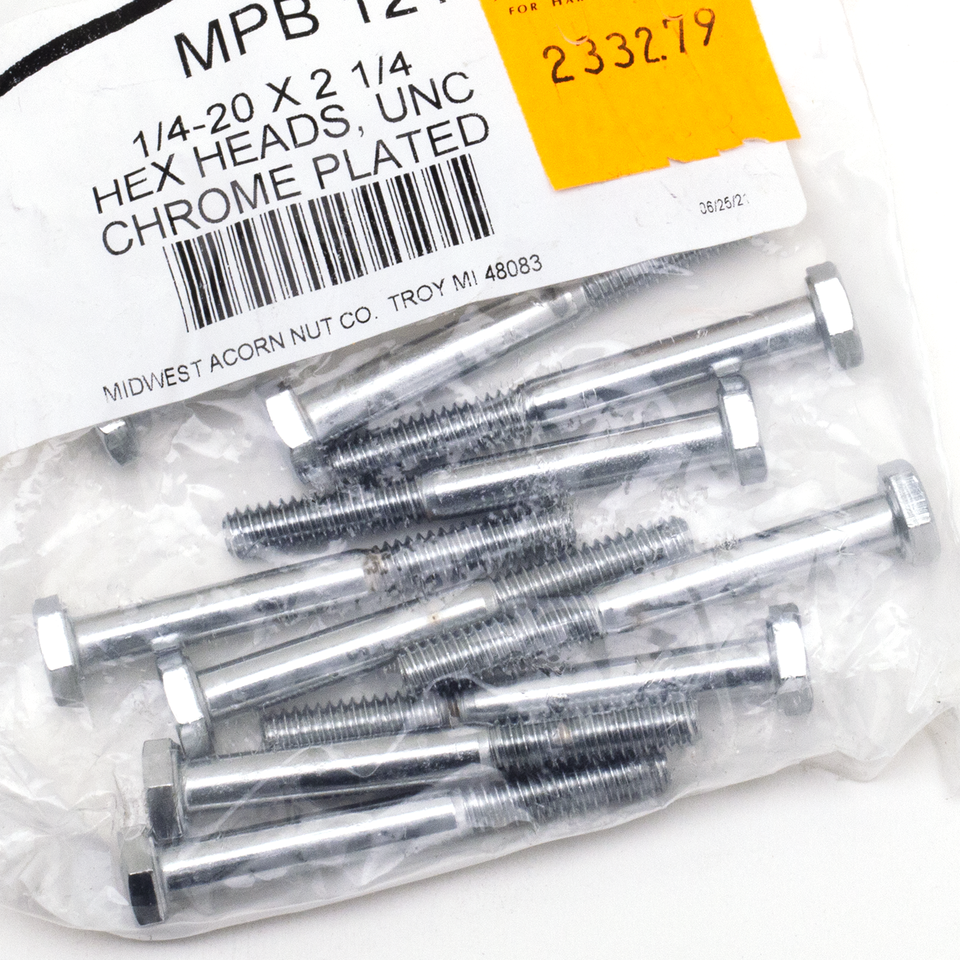10pck Chrome hex head screw 1/4-20x2-1/4