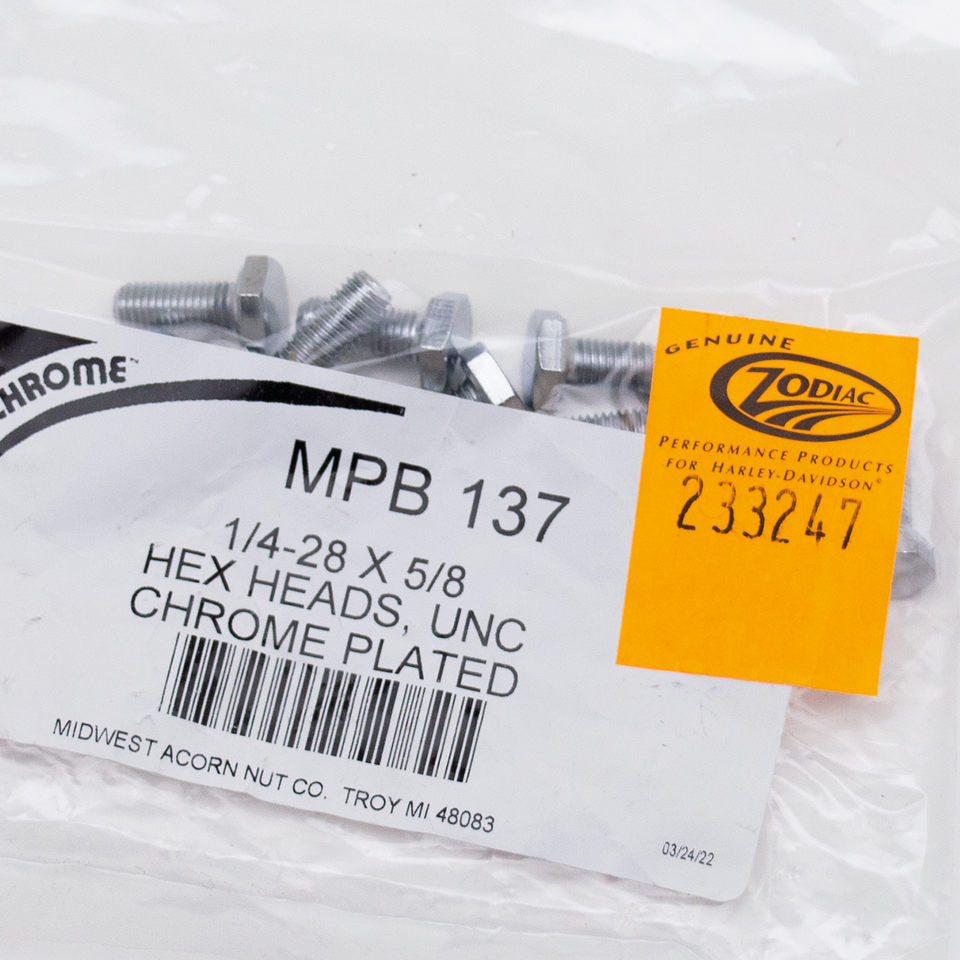 10pck Chrome hex head screws 1/4-28x5/8