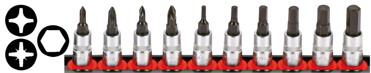 1/4" Socketbitset Metric 10Pc on rail