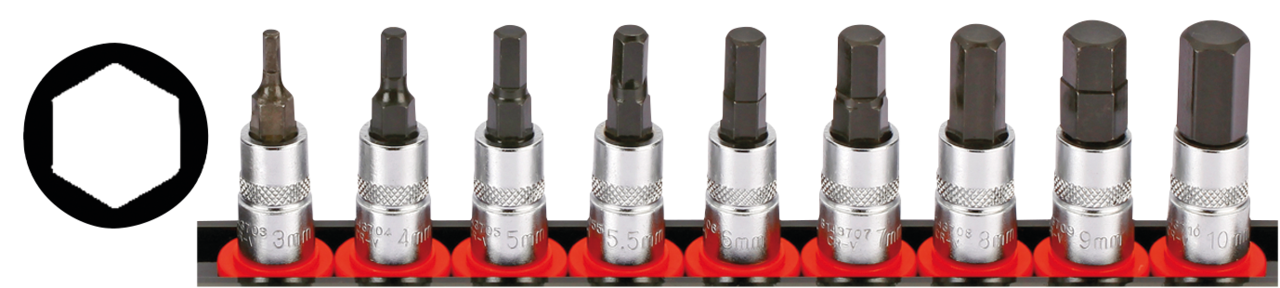 1/4" Socketbitset Hex metric 9Pc on rail