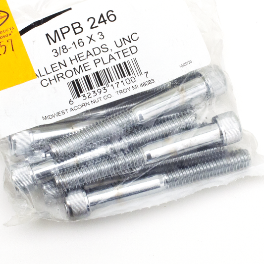 10pck Chrome Allen screws 3/8x3", UNC