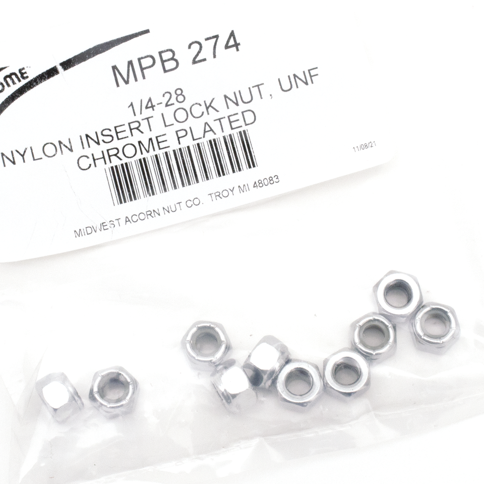 10pck Chrome nylock nuts 1/4-28 UNF