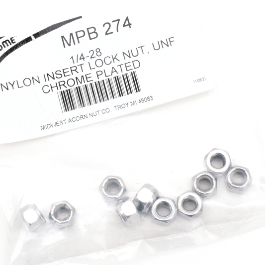 10pck Chrome nylock nuts 1/4-28 UNF