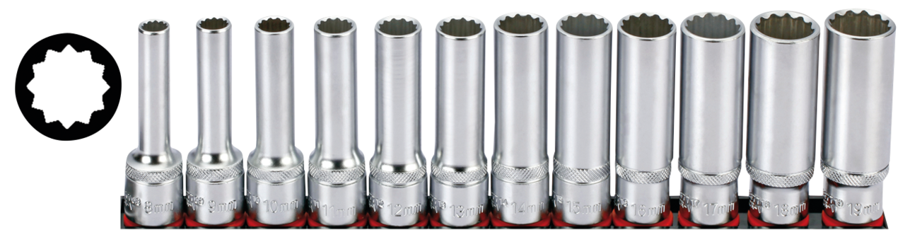 1/2" Socketset 12-point long 12Pc on rai